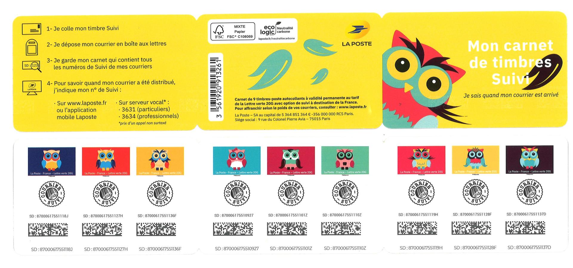 Carnet 9 timbres - Chouette - Lettre verte suivie