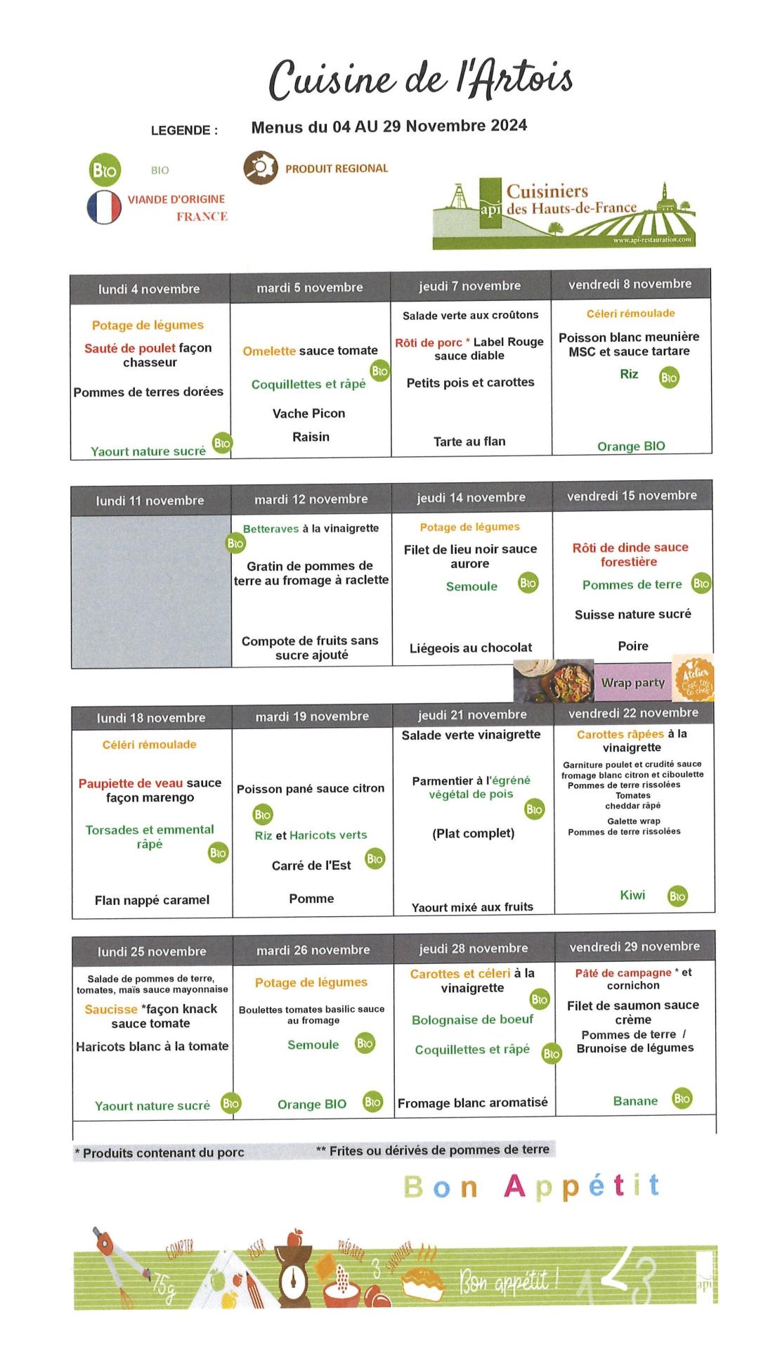 Menus du 4 au 29 novembre 2024